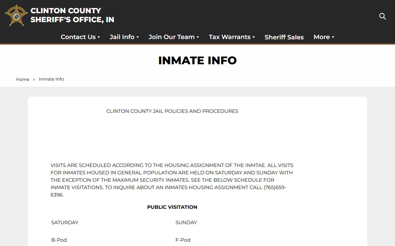 Clinton County Jail inmate information visitation schedule
